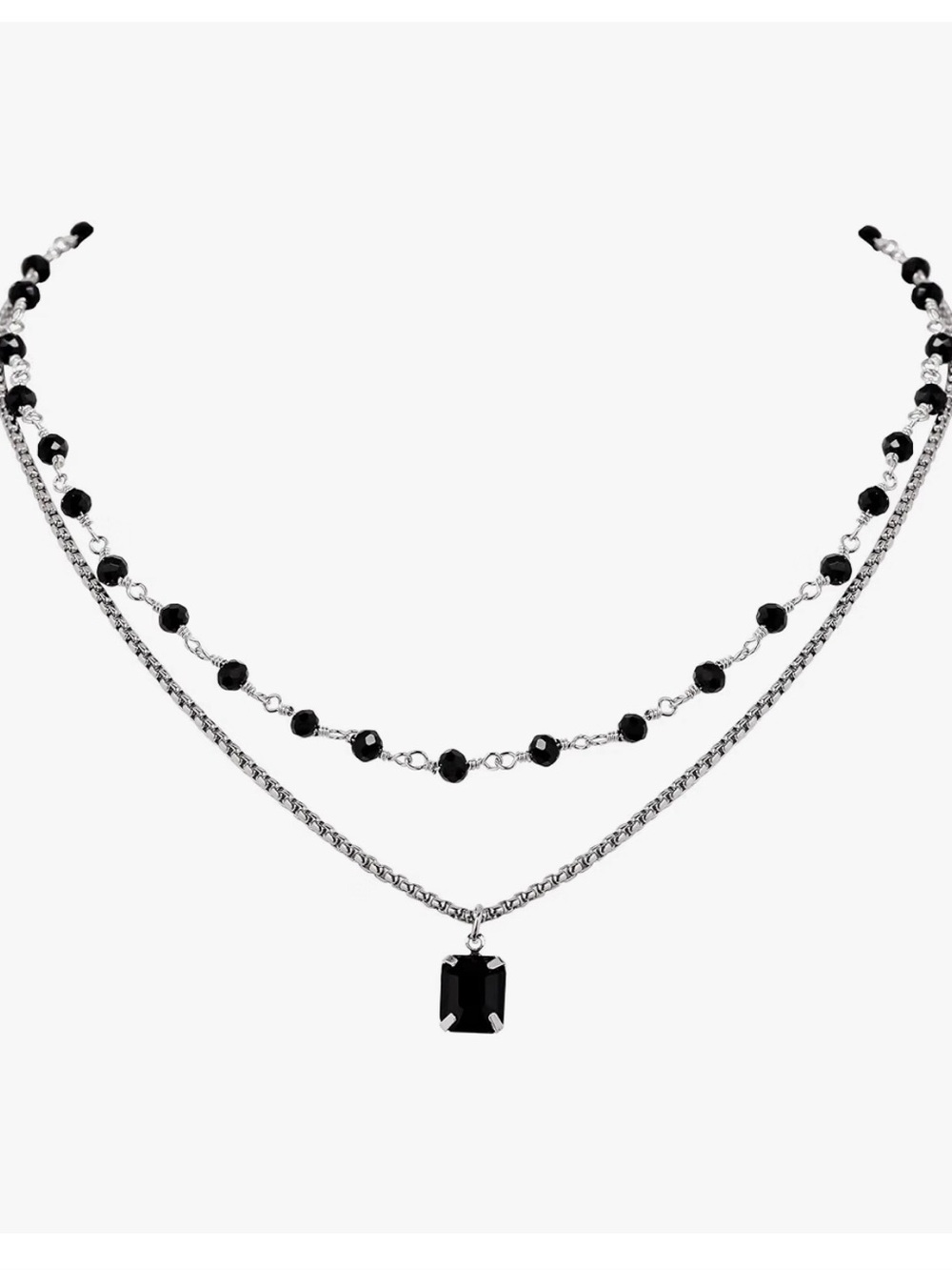 Silver-Tone Layered Necklace with Black Beads and Pendant